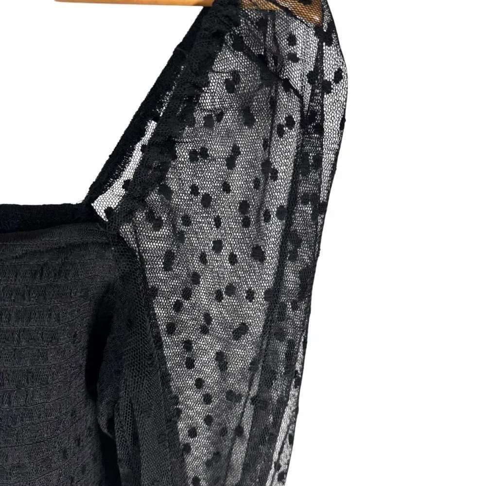 Intimately Free People‎ Puckered Black Crop Top Dotted Mesh Sleeves Sz M